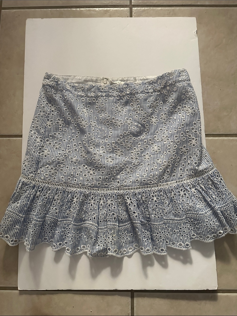 Veronica Beard Light Blue & White Eyelet Ruffle Mini Skirt